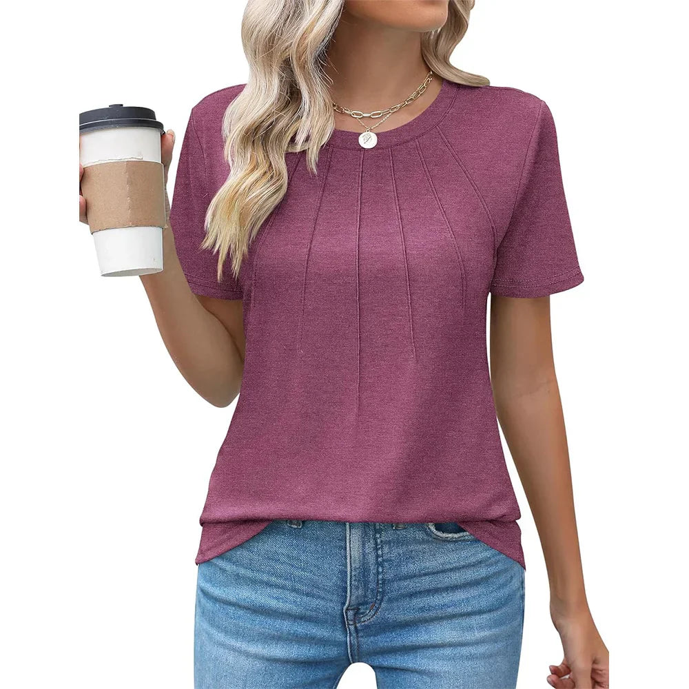 Women's blouse with pleated design and round neckline