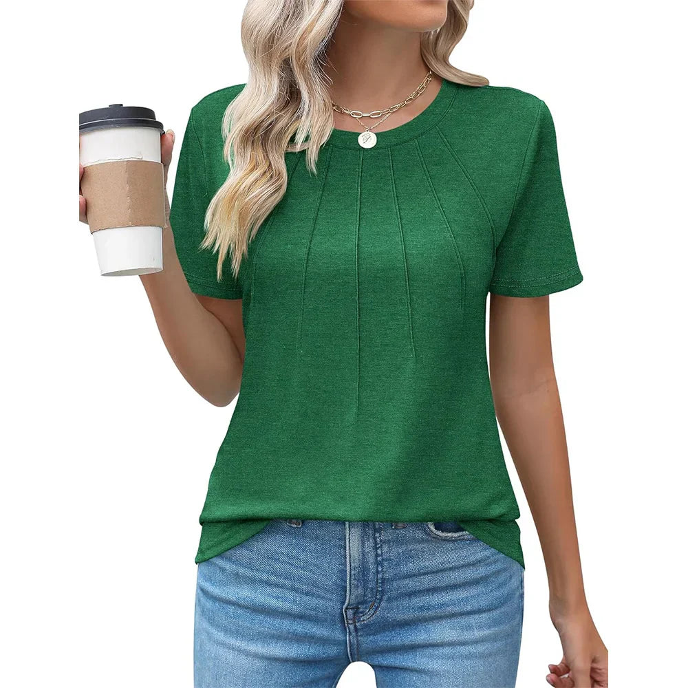 Women's blouse with pleated design and round neckline