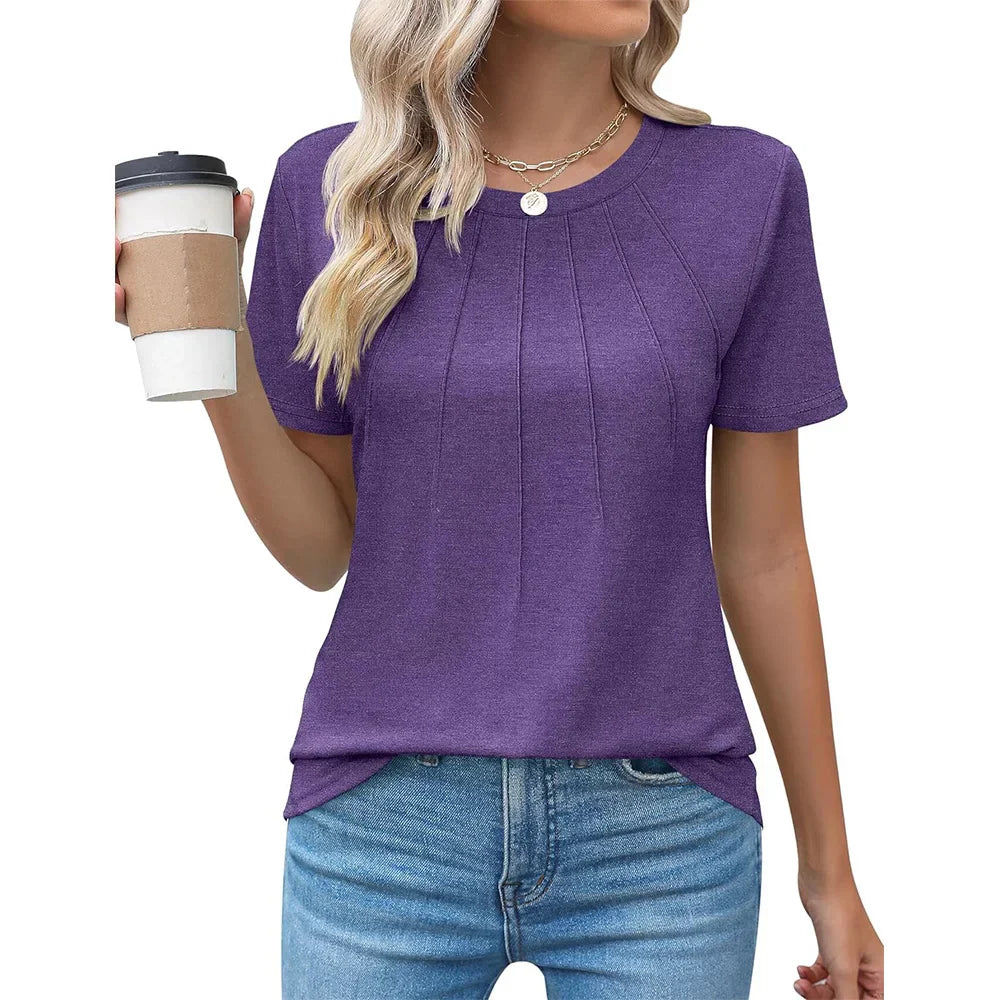 Women's blouse with pleated design and round neckline