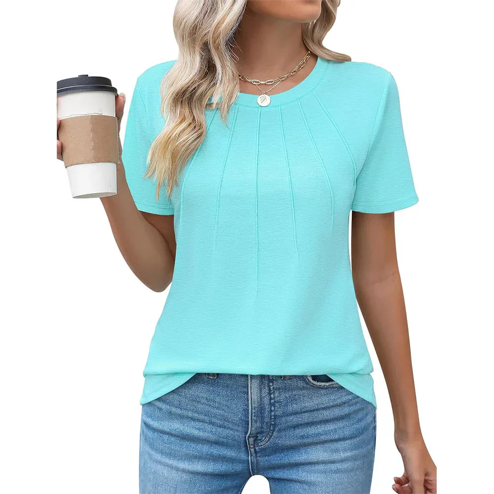 Women's blouse with pleated design and round neckline