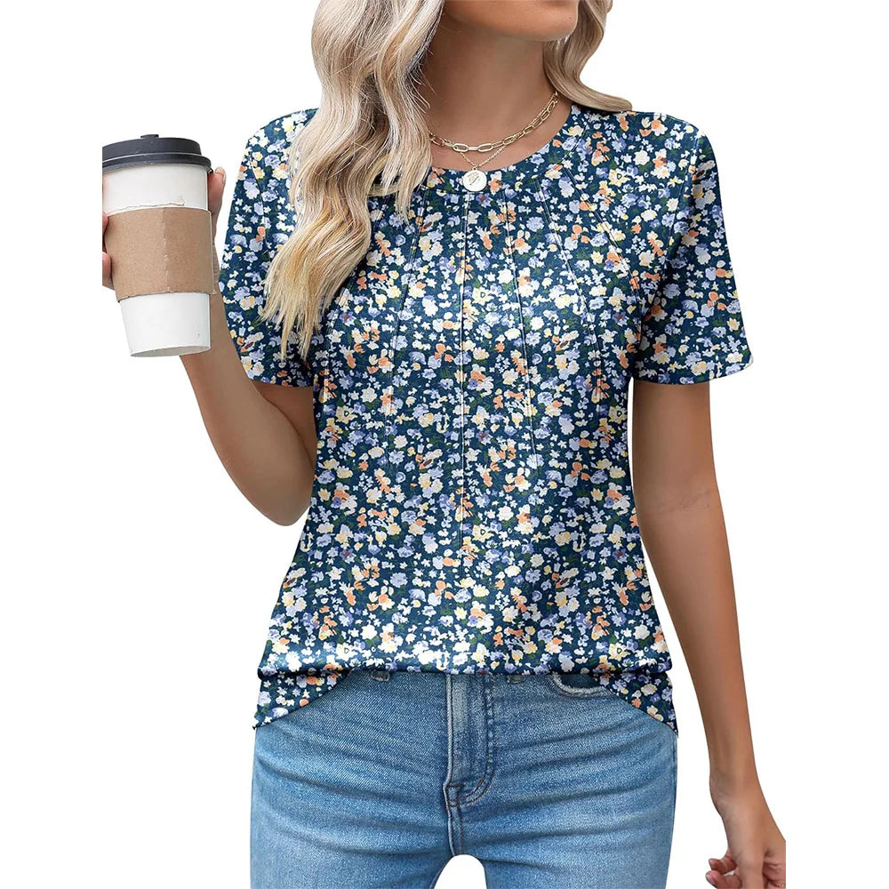 Women's blouse with pleated design and round neckline