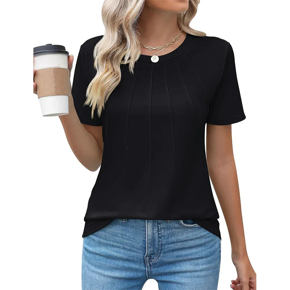 Women's blouse with pleated design and round neckline