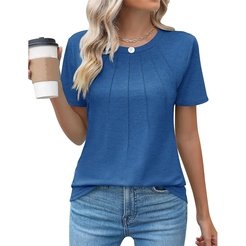Women's blouse with pleated design and round neckline