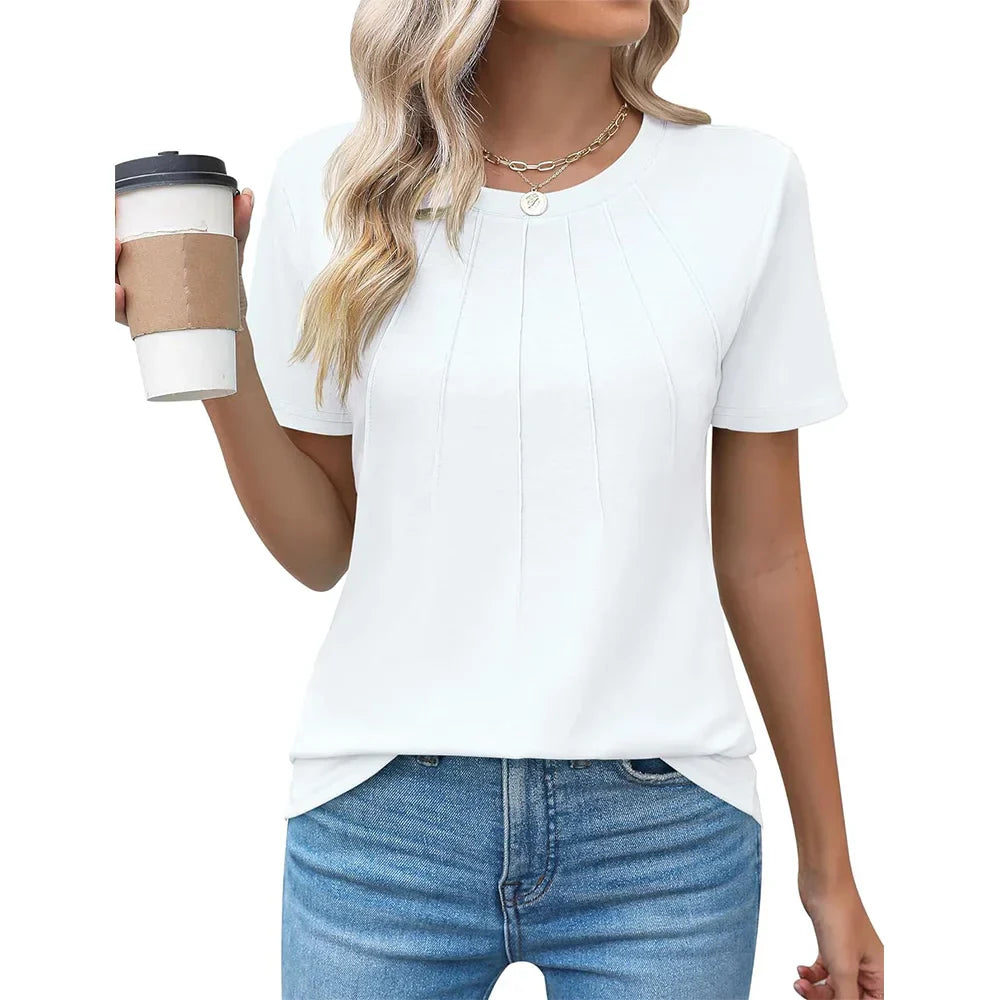 Women's blouse with pleated design and round neckline