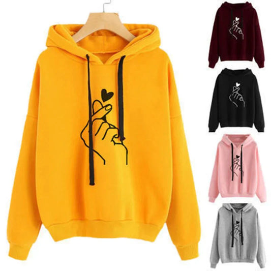 Women's fleece hoodie with finger heart motif