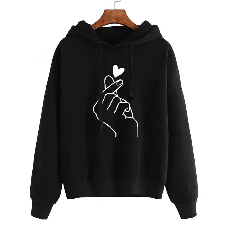 Women's fleece hoodie with finger heart motif