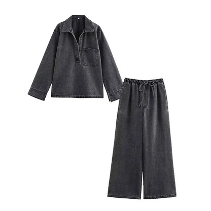 Women's set with turn-down collar and high waist