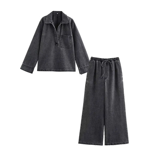 Women's set with turn-down collar and high waist