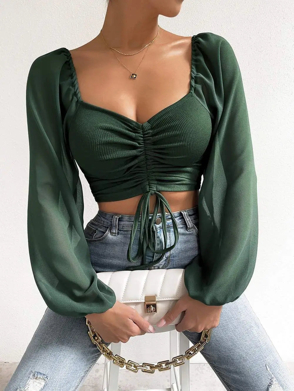 Women's top with puff sleeves and V-neckline