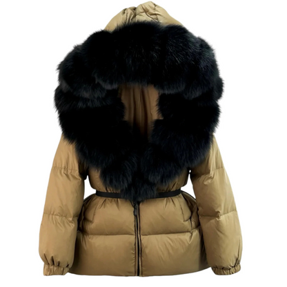 Women's puffer jacket with faux fur collar and elastic waist belt