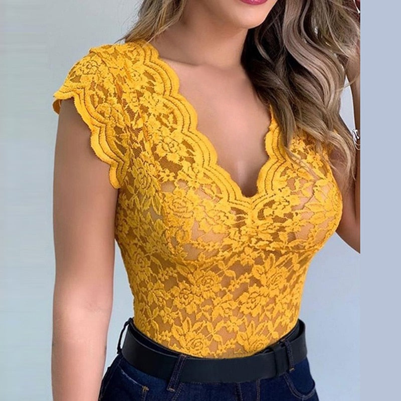 Women's summer top with V-neck – figure-hugging top for elegant occasions