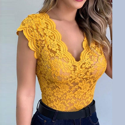Women's summer top with V-neck – figure-hugging top for elegant occasions