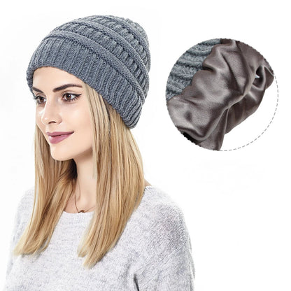 Women's winter knit hat made of satin