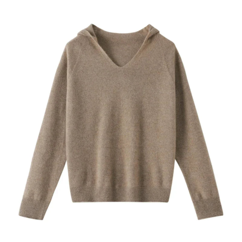 Women's sweater with V-neck and hood