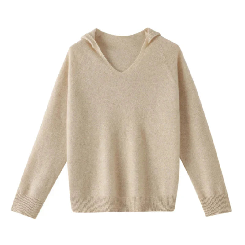Women's sweater with V-neck and hood