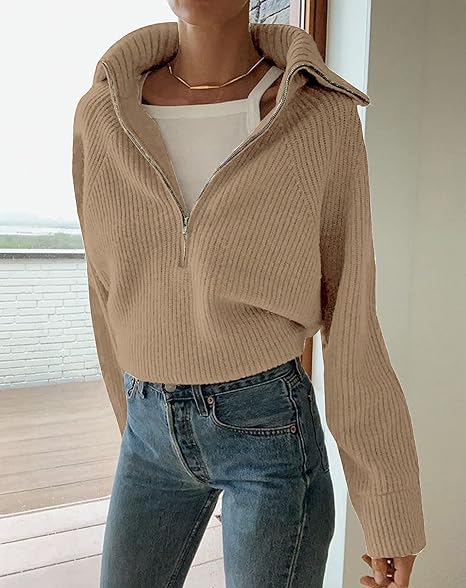 Women's sweater with V-neck and zipper