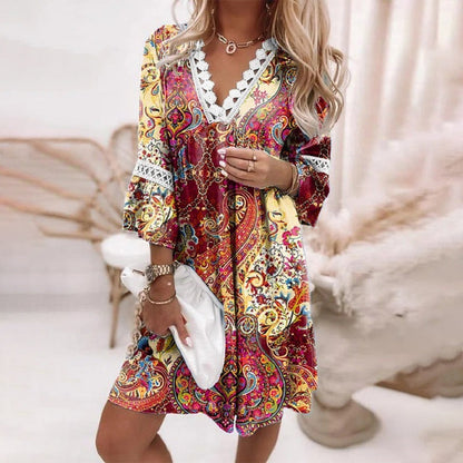 Vibrant Summer Dress with Lace Trim
