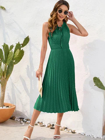 Black Halter Neck Pleated Dress: Carla