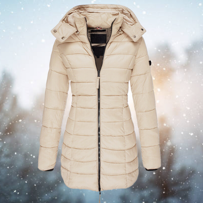 Women's Puffer Winter Jacket with Hood and Full-Length Zip