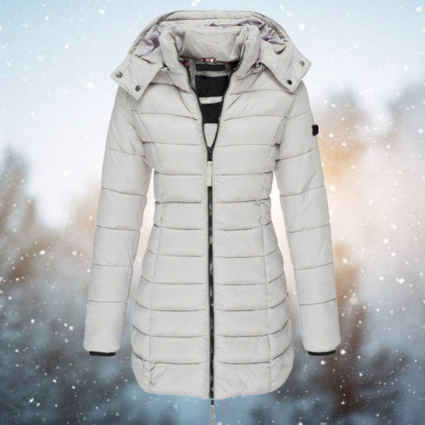 Women's Puffer Winter Jacket with Hood and Full-Length Zip