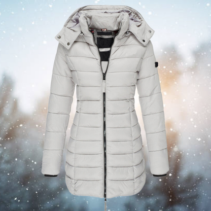 Women's Puffer Winter Jacket with Hood and Full-Length Zip