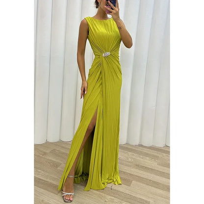 Valentina Maxi Evening Gown, Yellow-Green
