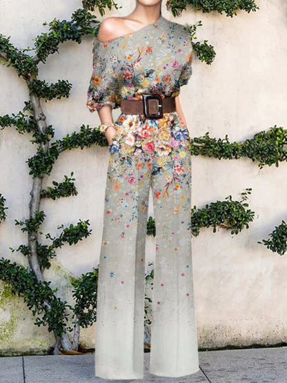 Women's One Shoulder Wide Leg Jumpsuit with Artistic Print Design