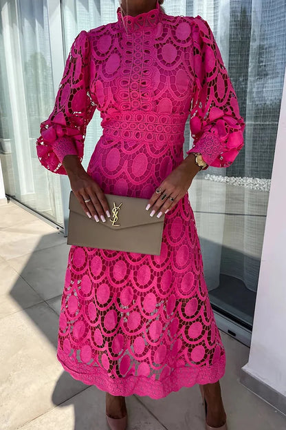 Elegant crochet lace midi dress: Gillian. Romantic, sensual lantern sleeves.