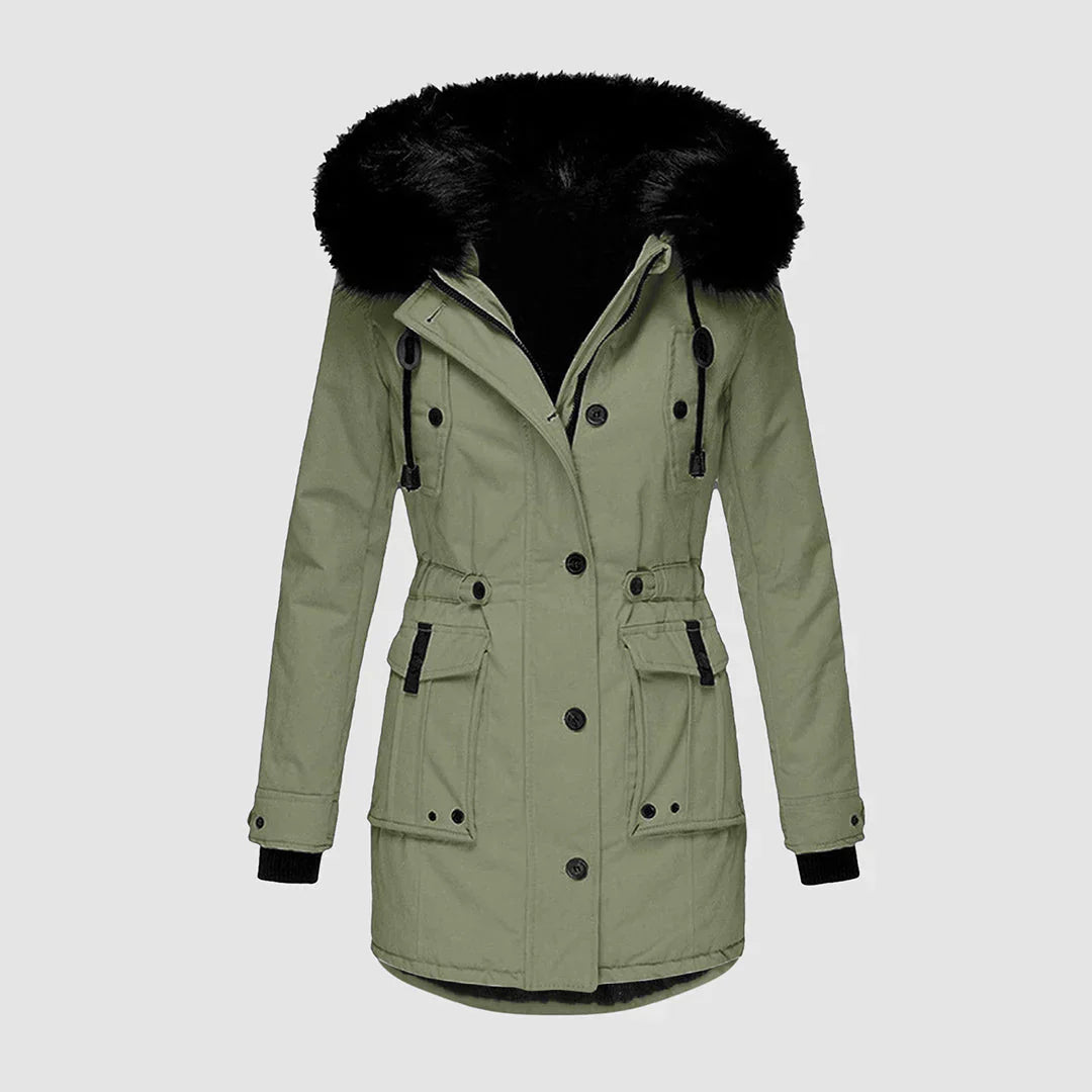 Women's fashionable parka featuring a black faux fur trim