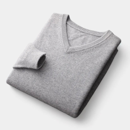 William Men’s Merino Wool V-Neck Jumper – Classic Luxury Knitwear for Autumn/Winter Light Gray