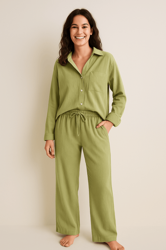 2-piece set with loose blouse and pants – breathable cotton-linen blend