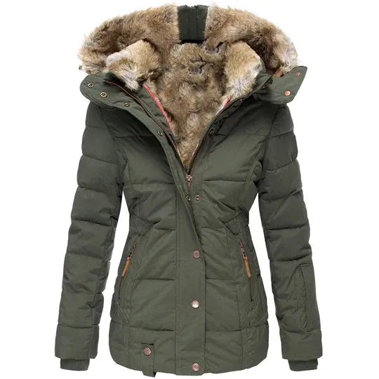 Winter women's coat with fur-trimmed hood, autumn/winter style