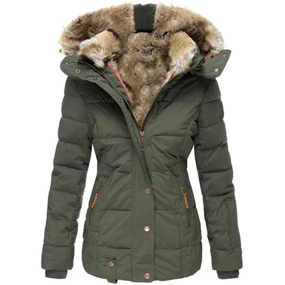 Winter women's coat with fur-trimmed hood, autumn/winter style