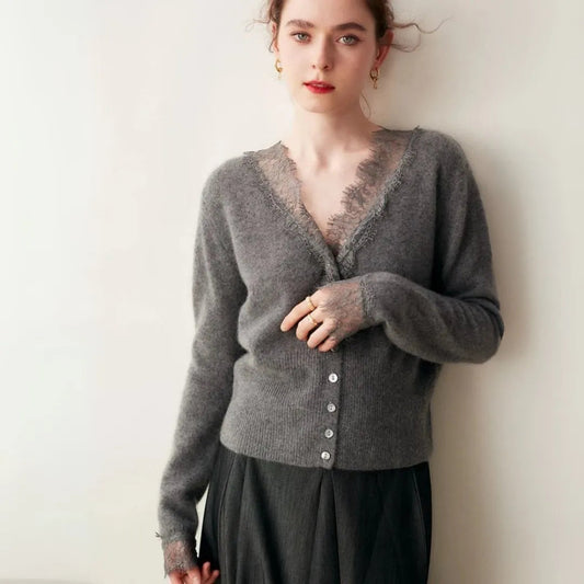 Cashmere cardigan with lace accents