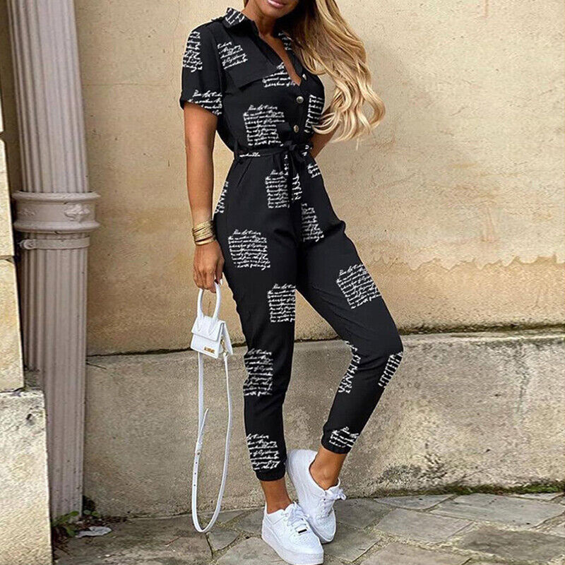 Women's jumpsuit - Fitted cut with belt - Short sleeves - Stripes - Button placket