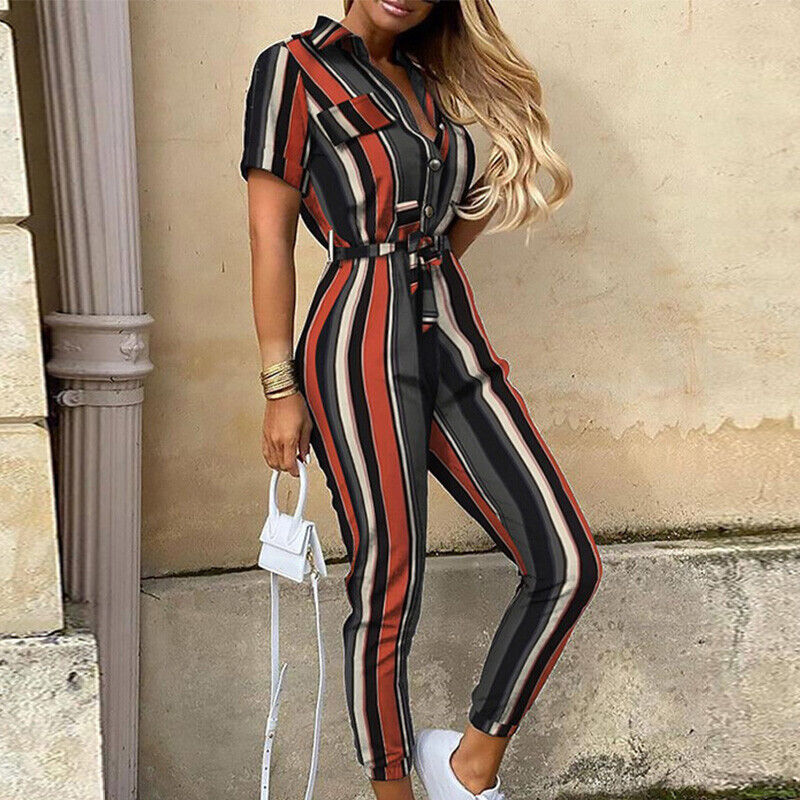 Women's jumpsuit - Fitted cut with belt - Short sleeves - Stripes - Button placket