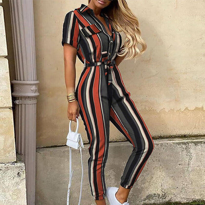 Women's jumpsuit - Fitted cut with belt - Short sleeves - Stripes - Button placket