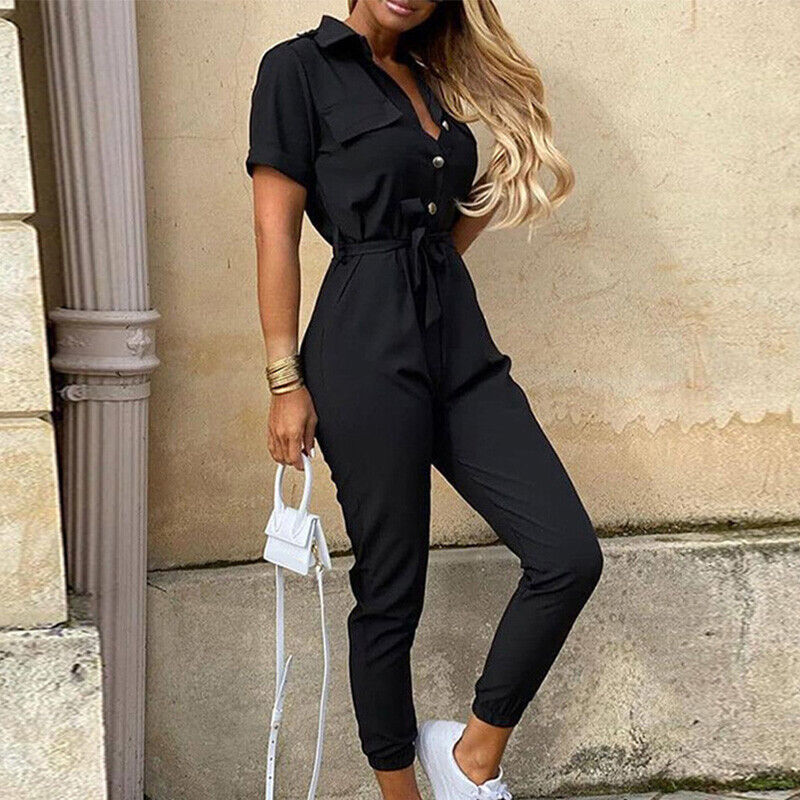 Women's jumpsuit - Fitted cut with belt - Short sleeves - Stripes - Button placket