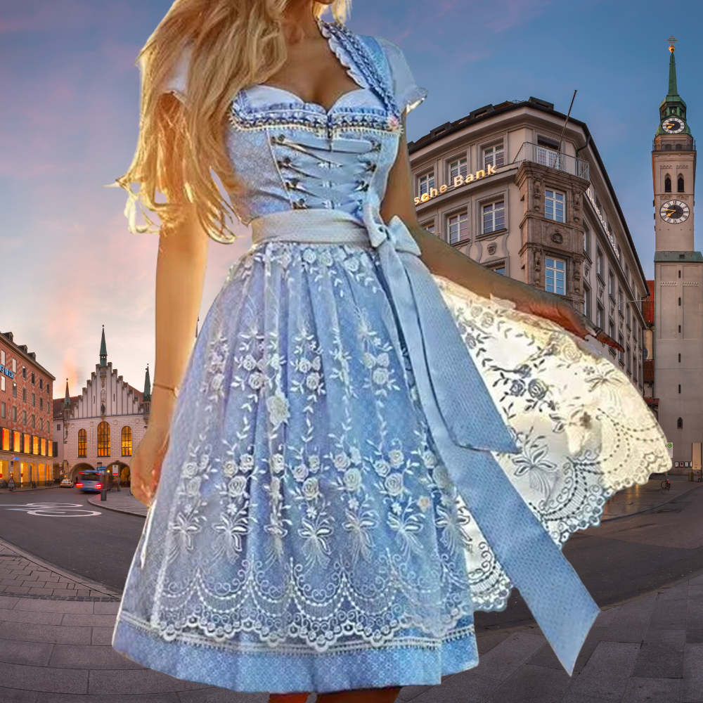 Blue Dirndl with Lace Apron and Embroidered Details