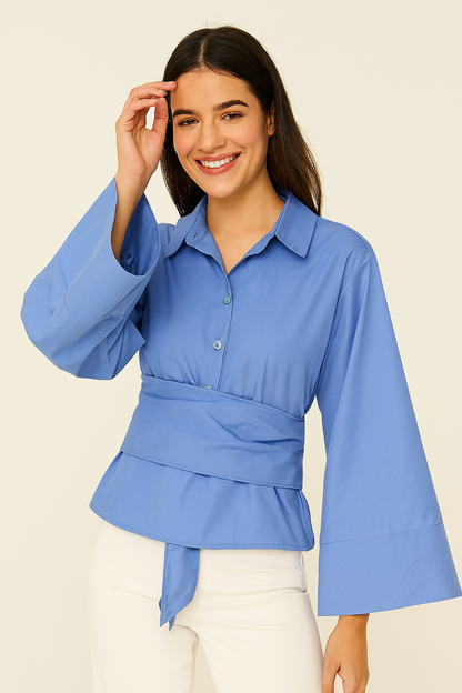 Blouse with tie belt and wide sleeves