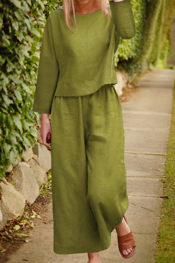 Airy linen ensemble with overlapping top and wide pant legs