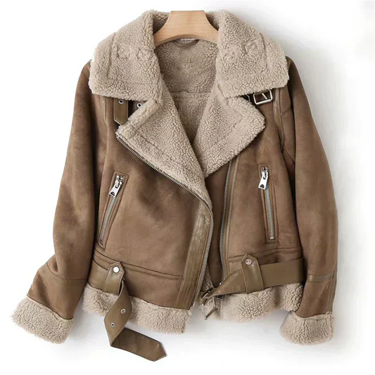 Women's Leather Jacket with Belted Hem and Zipper Closure