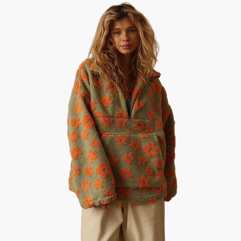 Women's Teddy Fleece Pullover with Floral Pattern – Cozy Boho Style for Leisure and Autumn