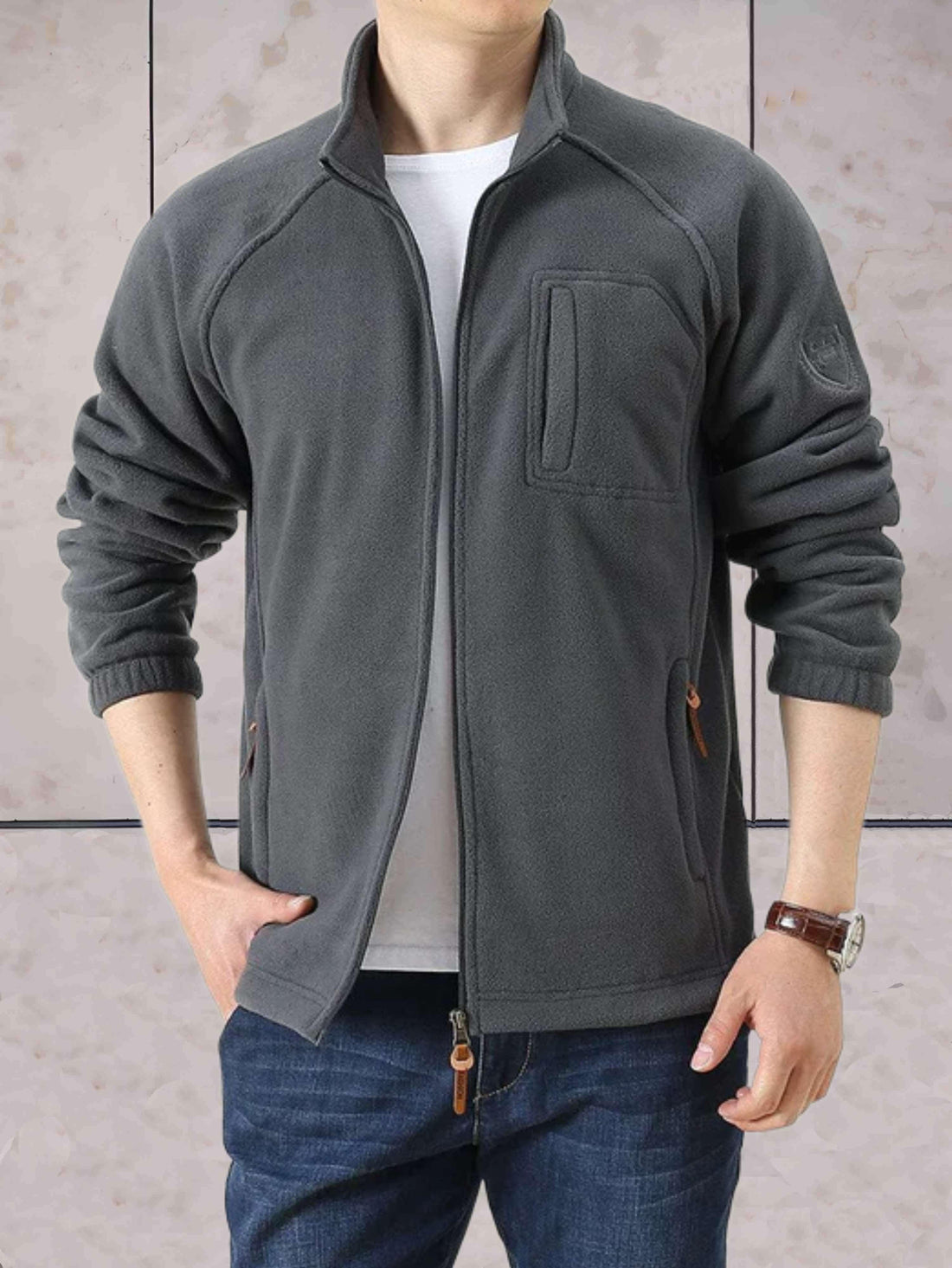 Zip-up fleece jackets in a two-tone design, featuring a stand-up collar