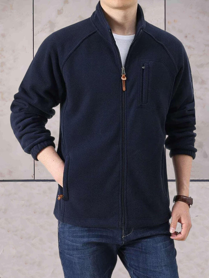 Zip-up fleece jackets in a two-tone design, featuring a stand-up collar