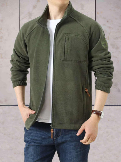 Zip-up fleece jackets in a two-tone design, featuring a stand-up collar