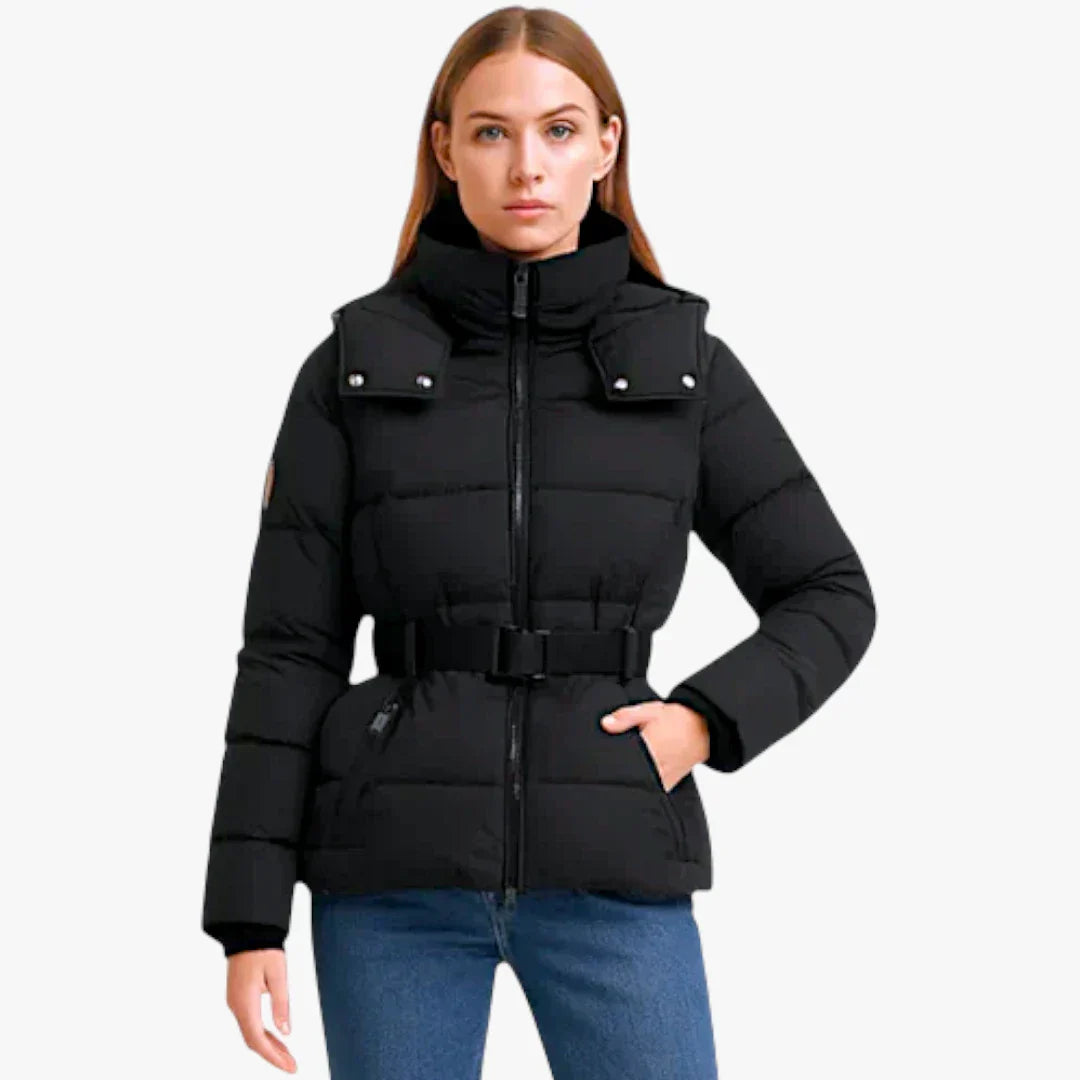 Water-resistant belted down jacket for women
