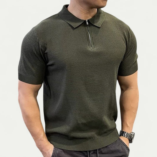 Adrian Knitted Polo Shirt with Zip Collar – Modern Men’s Smart Casual Army Green