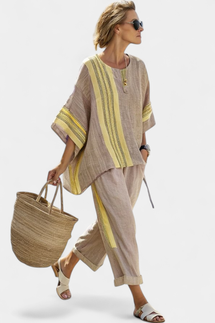 Beautiful Purple Blouse & Yellow Stripe Trousers