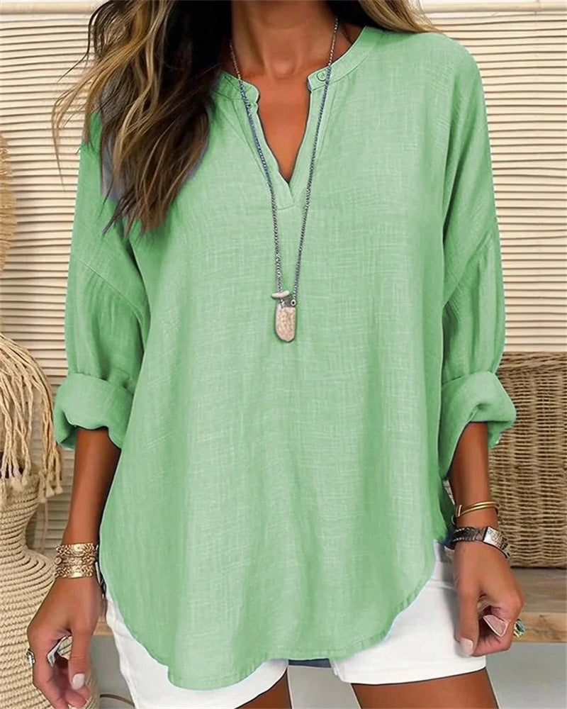 Women's shirt with Mao collar, linen and cotton, relaxed fit, long sleeves